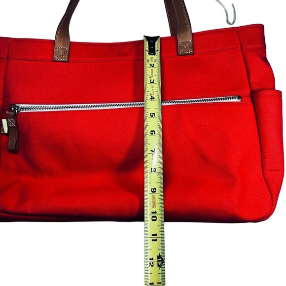 Fossil Coated Canvas Small Tote Bag Hand Bag Purse Pockets Orange Leather Straps - Picture 11 of 13